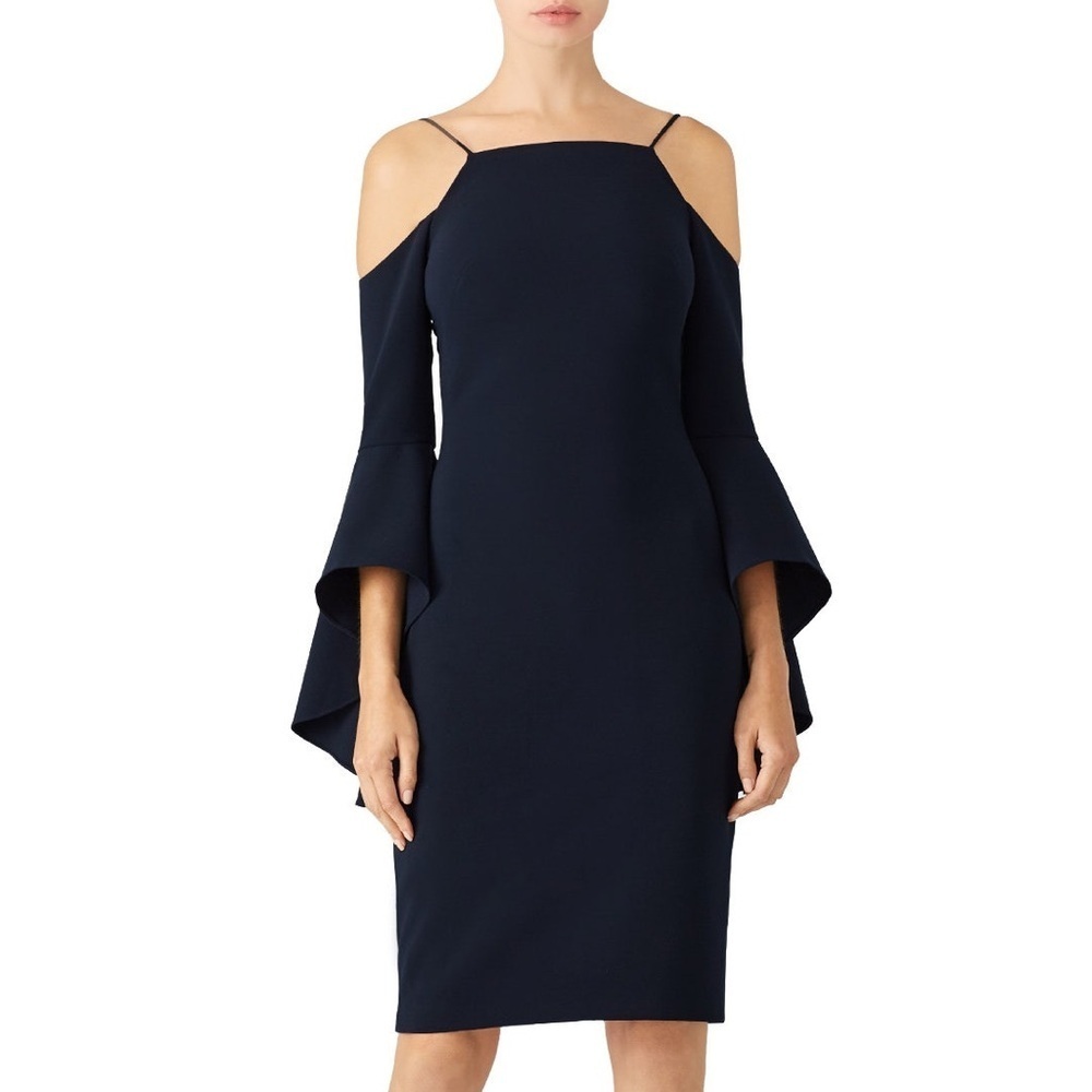 Theia midnight flounce‎ dress Navy Size 4 Ruffle Sleeve Cold Shoulder
